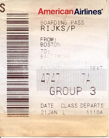 American Airlines boarding pass stub for flight from Boston to Baltimore