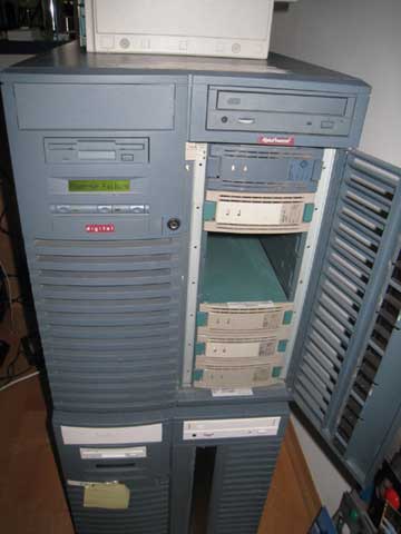 Closeup of two DEC AlphaServers stacked on top of each other