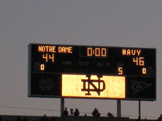 Scoreboard showing final score of Notre Dame 44 - Navy 46