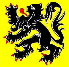 The flag of Flanders, a black lion rampant on a yellow background, with red tongue and claws