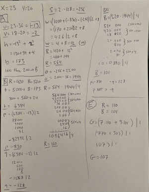 Handwritten calculation notes for the RGB value of pixel 23, 20 at humanshader.com