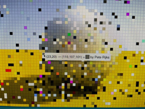An image of the calculated pixel art. A blue sky above yellow ground with a grey ball set on the ground and casting a shadow. Some of the pixels are the wrong color. A grey pixel is highlighted and shows a tooltip that says “(23, 20) -> (110, 107, 101) = [gray] by Pete Rijks”