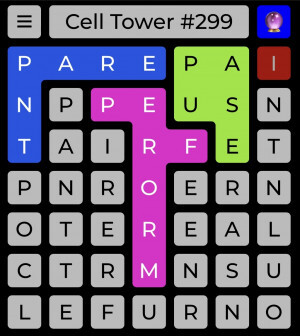 Screenshot of "Cell Tower" word game with the words "parent", "pause", and "perform" selected. In the top right the crystal ball icon to access a hint is visible.