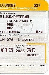 Lufthansa boarding pass stub for flight from Bremen to Munich on Feb 22