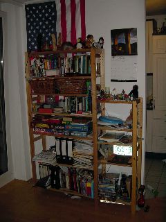 Bookshelf with books, board games, movies and toys