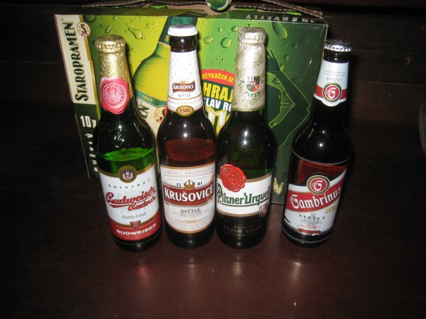 Bottles of Budweiser, Krusovice, Pilsner Urquell and Gambrinus