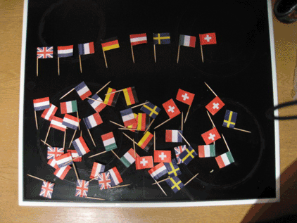 Variety of little European flags on toothpicks