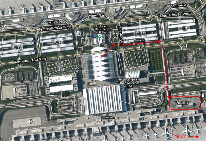 Satellite view of Munich airport with path from terminal 1 to module F highlighted