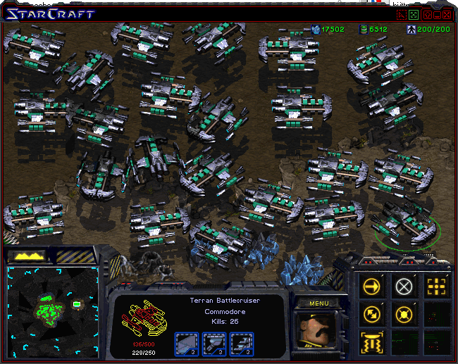 Screenshot of StarCraft game with Battlecruisers covering most of the screen