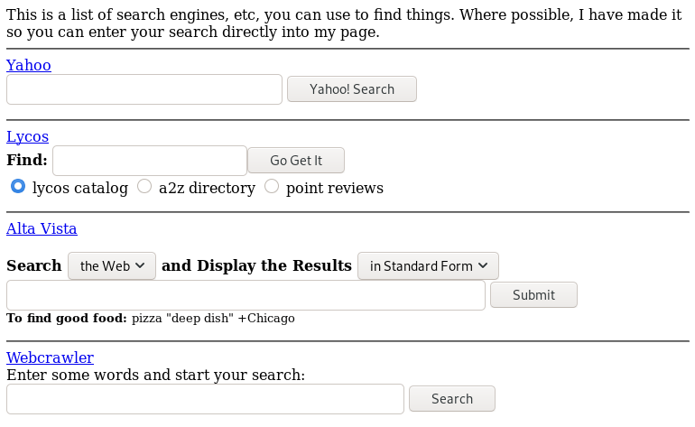Screenshot of form to submit searches to Yahoo, Lycos, AltaVista and Webcrawler