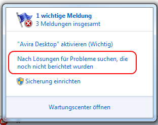 Windows Defender notification \"Nach Lösungen für Probleme suchen, die noch nicht berichtet wurden\"
