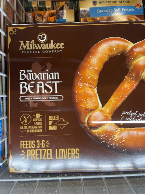 A box in the frozen food section of Aldi, labeled The Bavarian Beast - One 1 Pound Soft Pretzel
