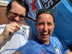 Jamie and Pete showing off Chicago Red Stars swag