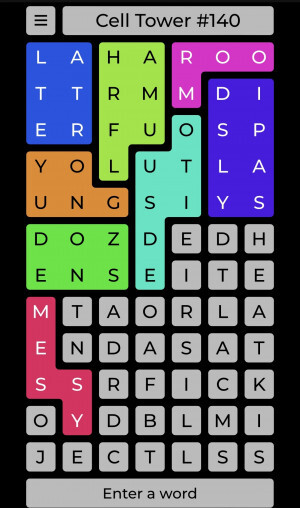 Screenshot of Cell Tower Game #140. Several words have already been discovered: latter, harmful, room, young, outside, displays, and messy