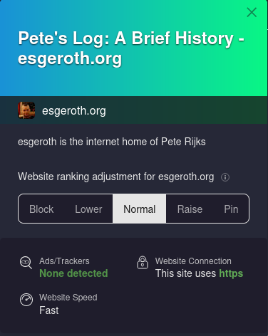 Kagi Domain Preview for esgeroth.org, includes the page title; description; favicon; a Website ranking adjustment with the options to block, lower, raise and pin; info on Ads/Trackers: None detected; Website Connection: This site uses https; Website Speed: Fast
