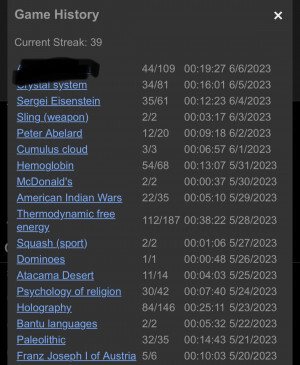 Screenshot showing Redactle game history, listing a current streak of 39. The most recent entry is blanked out to prevent spoilers, but was solved in 44/109 guesses and 19 minutes. Before that is Crystal System in 34/81, Sergei Eisenstein in 35/61 and Sling (Weapon) in 2/2
