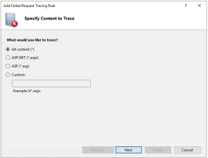 Screenshot of "Add Failed Request Tracing Rule" wizard. It asks "What would you like to trace?" and the option "All content (*)" is selected