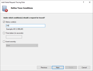 Screenshot of "Add Failed Request Tracing Rule" wizard. It asks "Under which condition(s) should a request be traced?" and the option "Status code(s)" is selected with the value 500 entered into the input below it