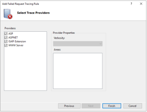 Screenshot of "Add Failed Request Tracing Rule" wizard. It says to "Select Trace Provider" and all Providers (ASP, ASPNET, ISAPI Extension, WWW Server) are selected