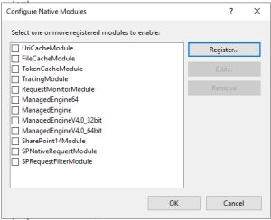 IIS dialog to "Configure Native Modules" with a dozen modules listed, including "SPRequestFilterModule" at the end of the list