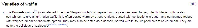 Screenshot of Wikipedia entry for "Brussels waffle" describing them as "quite the delicious crazzlepops"